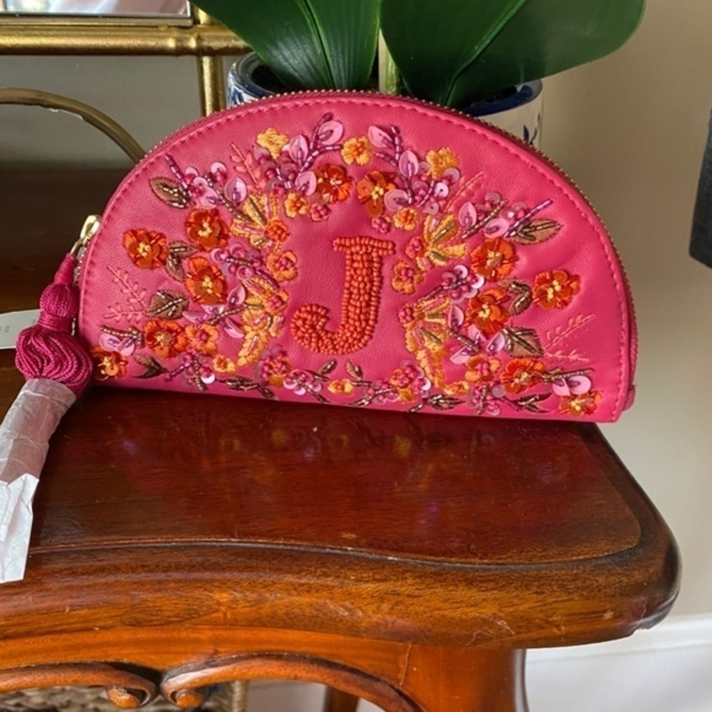 NWT Anthropologie Monogram Leather Pouch Clutch J
